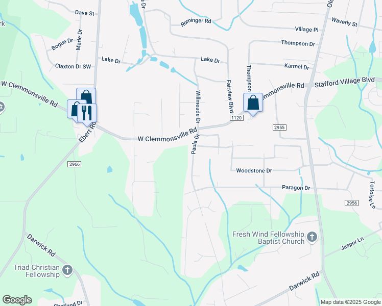 map of restaurants, bars, coffee shops, grocery stores, and more near 4232 Paula Drive in Winston-Salem