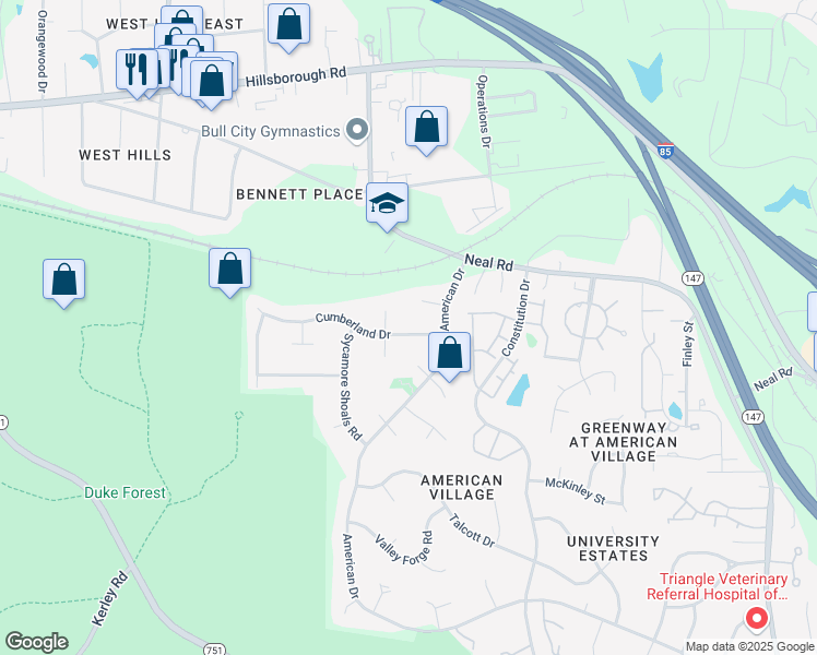 map of restaurants, bars, coffee shops, grocery stores, and more near 4408 Cumberland Drive in Durham