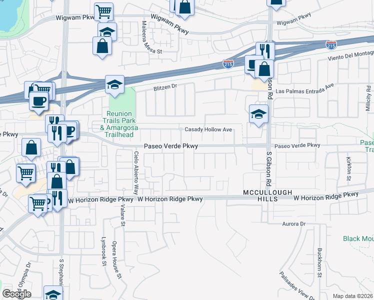 map of restaurants, bars, coffee shops, grocery stores, and more near 154 Rocky Star Street in Henderson