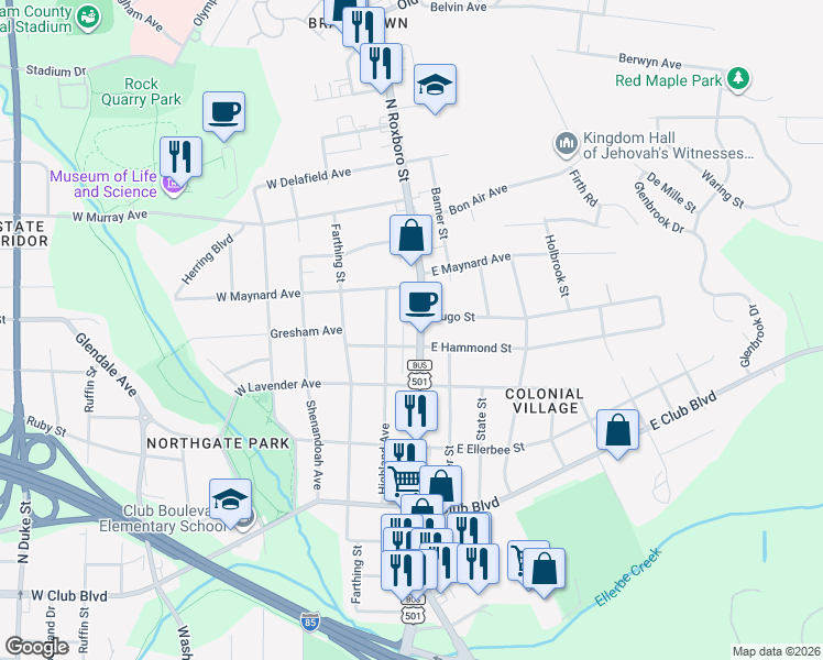 map of restaurants, bars, coffee shops, grocery stores, and more near 2712 North Roxboro Street in Durham