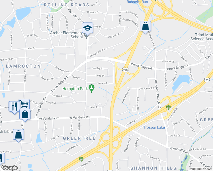 map of restaurants, bars, coffee shops, grocery stores, and more near 2207 Jones Road in Greensboro