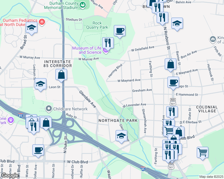map of restaurants, bars, coffee shops, grocery stores, and more near 416 Gresham Avenue in Durham