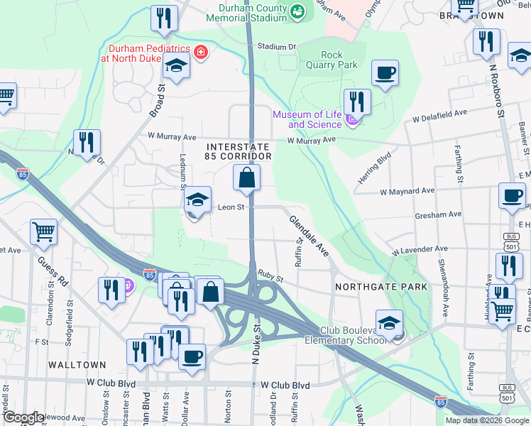 map of restaurants, bars, coffee shops, grocery stores, and more near 803 Leon Street in Durham