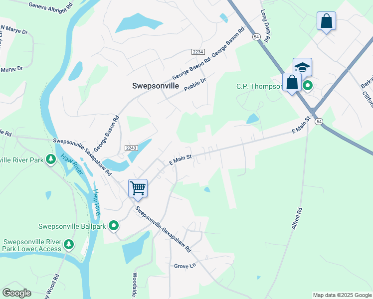 map of restaurants, bars, coffee shops, grocery stores, and more near 1336 East Main Street in Graham