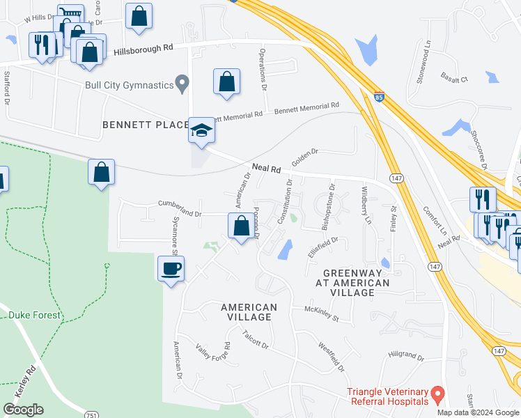 map of restaurants, bars, coffee shops, grocery stores, and more near 23 Pocono Drive in Durham
