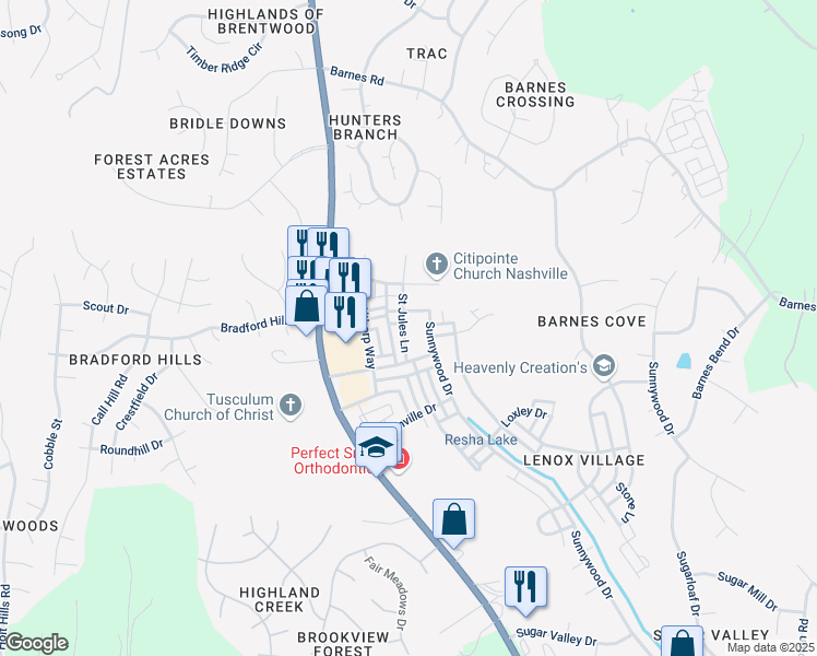 map of restaurants, bars, coffee shops, grocery stores, and more near 628 Saint Jules Lane in Nashville
