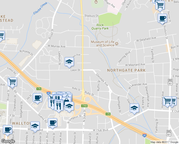 map of restaurants, bars, coffee shops, grocery stores, and more near 803 Leon Street in Durham