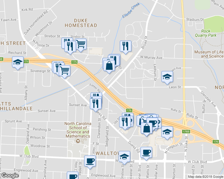 map of restaurants, bars, coffee shops, grocery stores, and more near 1425 Hudson Avenue in Durham
