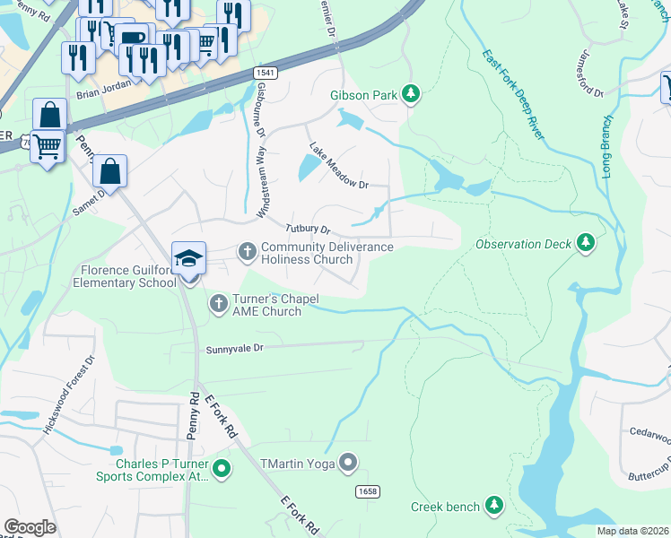 map of restaurants, bars, coffee shops, grocery stores, and more near 3318 Cherrybrook Drive in Jamestown