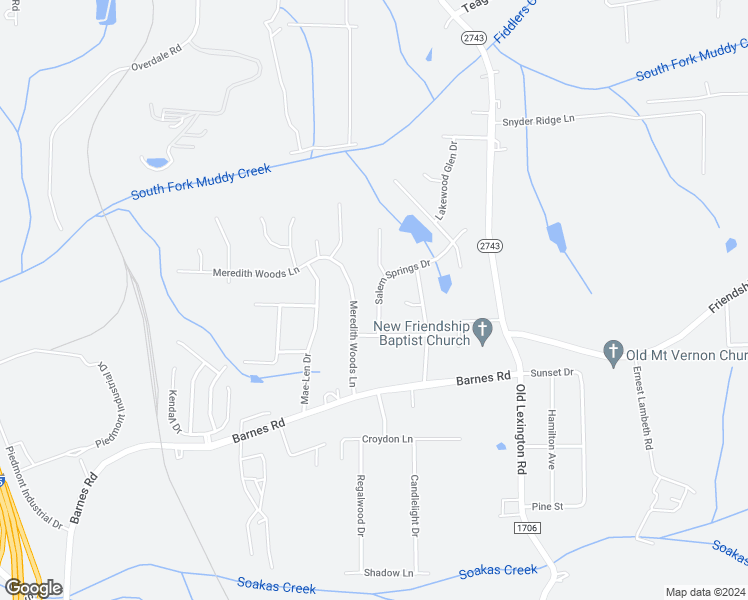 map of restaurants, bars, coffee shops, grocery stores, and more near 443 Salem Springs Drive in Winston-Salem