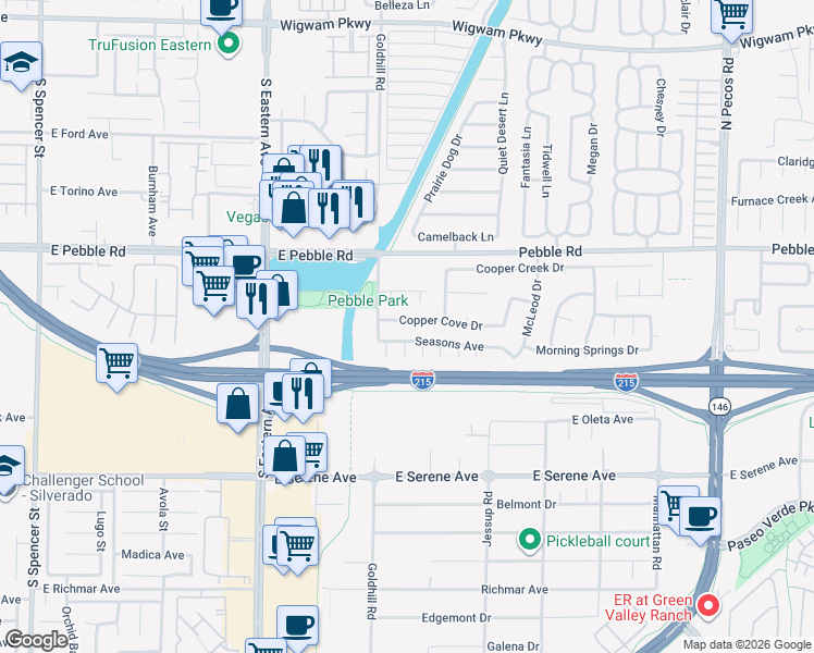 map of restaurants, bars, coffee shops, grocery stores, and more near 2701 Copper Cove Drive in Henderson