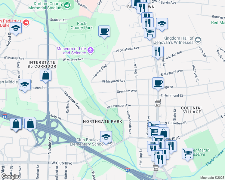 map of restaurants, bars, coffee shops, grocery stores, and more near 300 Gresham Avenue in Durham