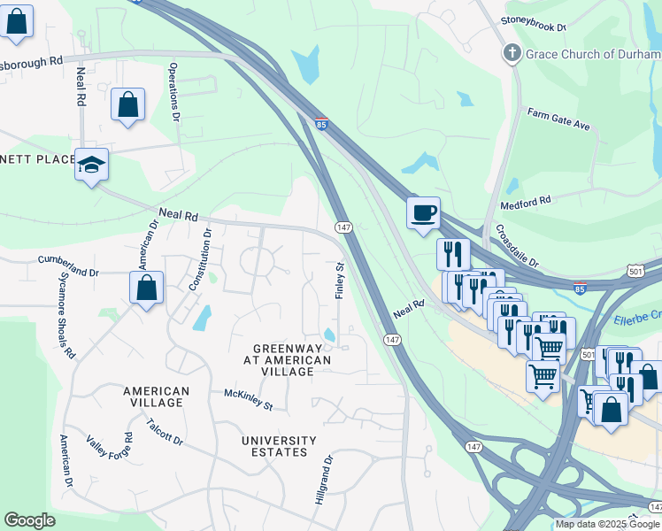 map of restaurants, bars, coffee shops, grocery stores, and more near 1 Grove Park Road in Durham