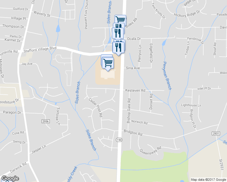 map of restaurants, bars, coffee shops, grocery stores, and more near 1610 Kesteven Road in Winston-Salem