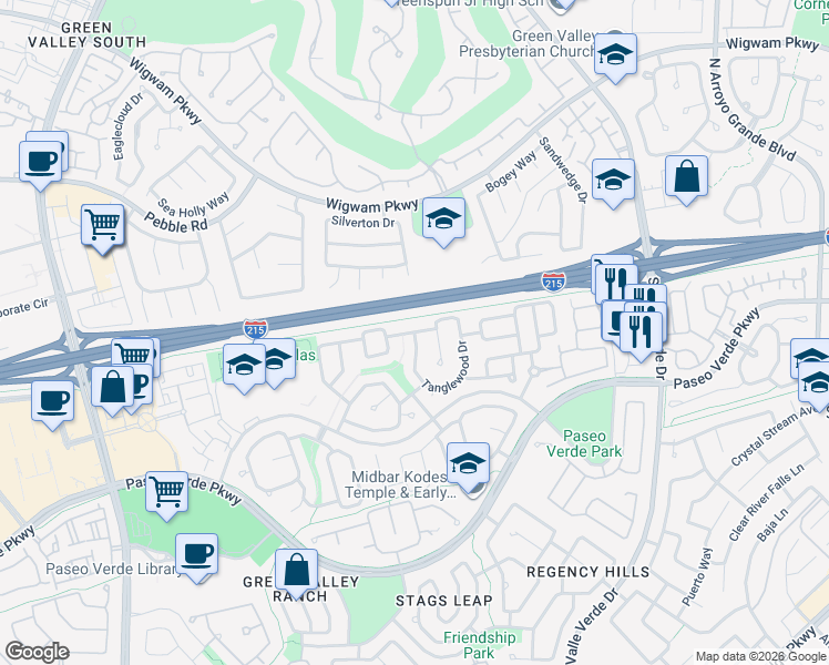 map of restaurants, bars, coffee shops, grocery stores, and more near Windfall Avenue in Henderson