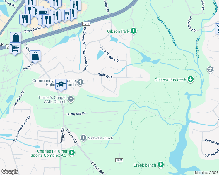 map of restaurants, bars, coffee shops, grocery stores, and more near 3310 Cherrybrook Drive in Jamestown