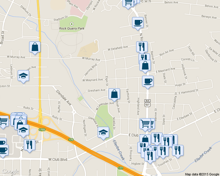 map of restaurants, bars, coffee shops, grocery stores, and more near 2700 Elgin Street in Durham
