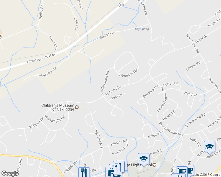 map of restaurants, bars, coffee shops, grocery stores, and more near 384 West Outer Drive in Oak Ridge