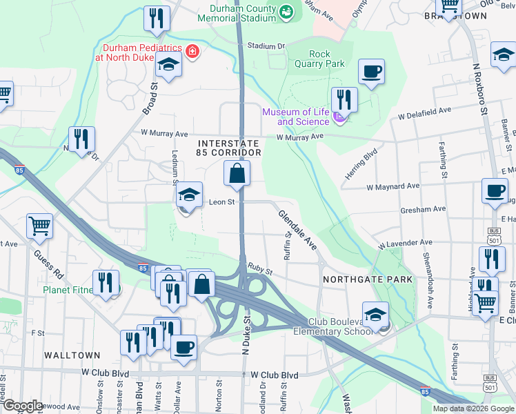 map of restaurants, bars, coffee shops, grocery stores, and more near 807 Leon Street in Durham