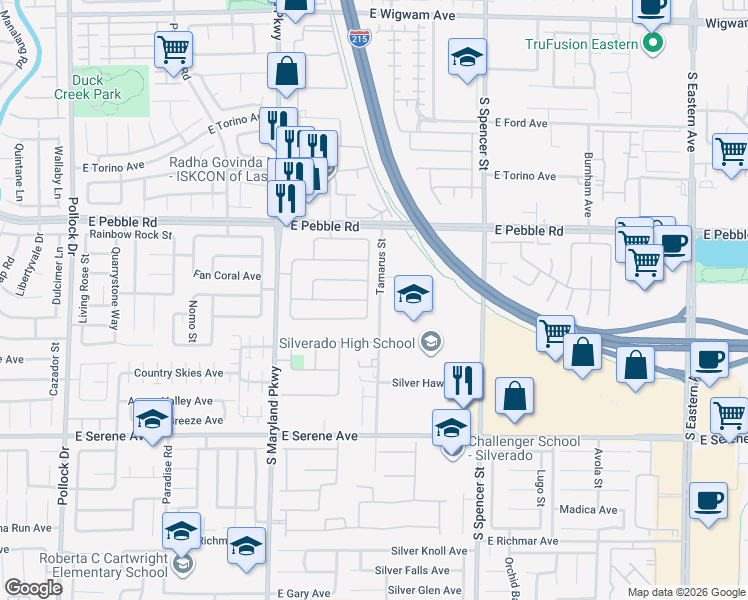 map of restaurants, bars, coffee shops, grocery stores, and more near 1460 Yeager Avenue in Las Vegas