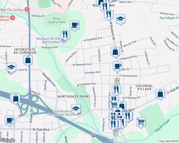 map of restaurants, bars, coffee shops, grocery stores, and more near 2702 Elgin Street in Durham