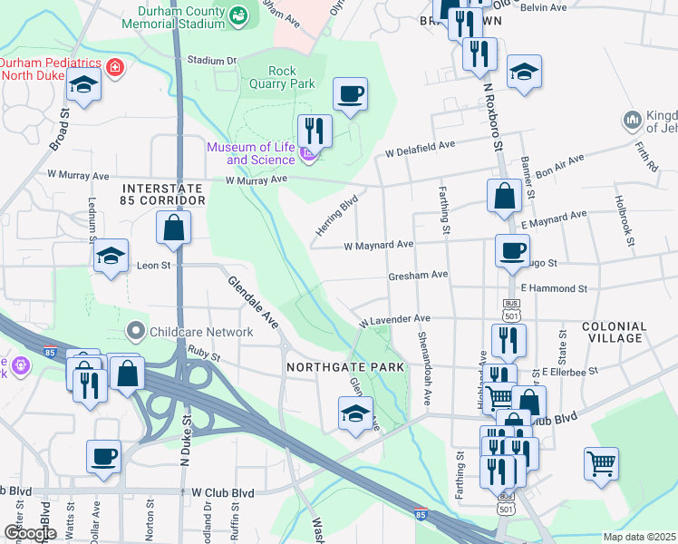 map of restaurants, bars, coffee shops, grocery stores, and more near 416 Gresham Avenue in Durham