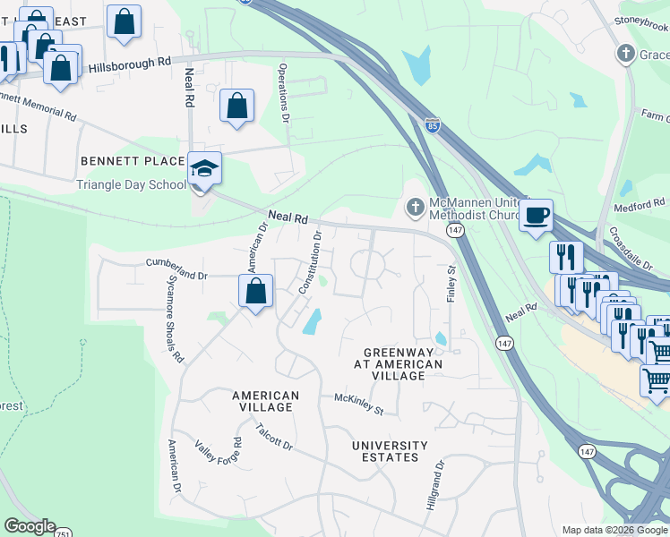 map of restaurants, bars, coffee shops, grocery stores, and more near 600 Remington Circle in Durham