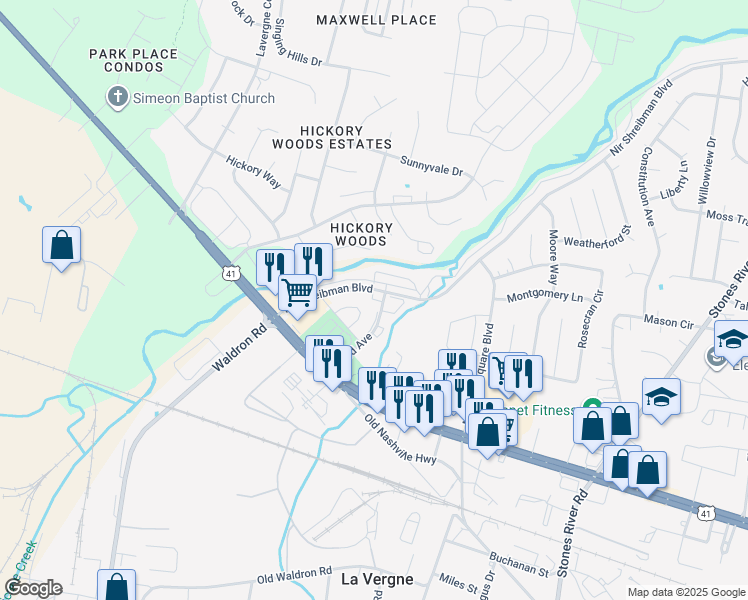 map of restaurants, bars, coffee shops, grocery stores, and more near 4106 Nir Shreibman Boulevard in La Vergne
