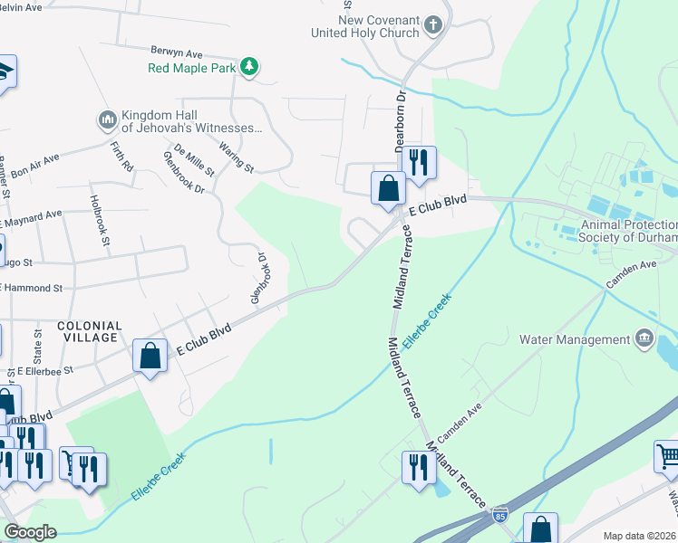 map of restaurants, bars, coffee shops, grocery stores, and more near 1313 East Club Boulevard in Durham