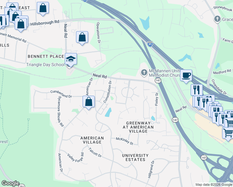 map of restaurants, bars, coffee shops, grocery stores, and more near 600 Remington Circle in Durham