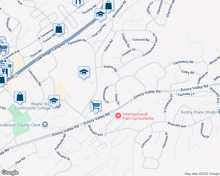 map of restaurants, bars, coffee shops, grocery stores, and more near 103 Dartmouth Circle in Oak Ridge