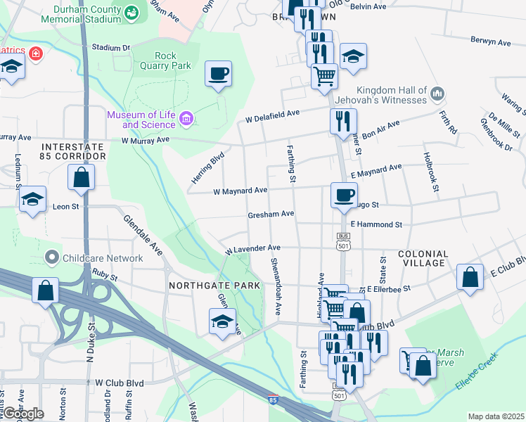 map of restaurants, bars, coffee shops, grocery stores, and more near 2701 Shenandoah Avenue in Durham