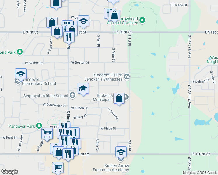 map of restaurants, bars, coffee shops, grocery stores, and more near 205 West Edgewater Street in Broken Arrow