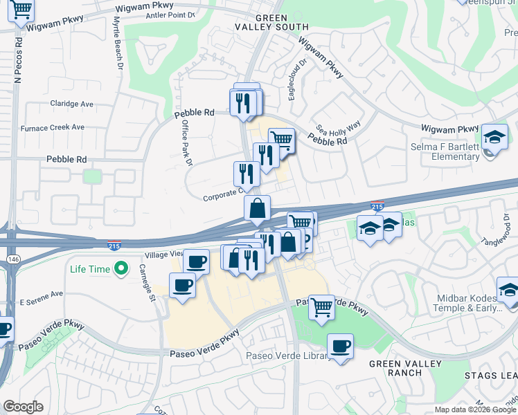 map of restaurants, bars, coffee shops, grocery stores, and more near 101 North Green Valley Parkway in Henderson