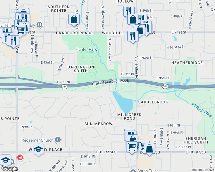 map of restaurants, bars, coffee shops, grocery stores, and more near 9512 South Lakewood Avenue in Tulsa