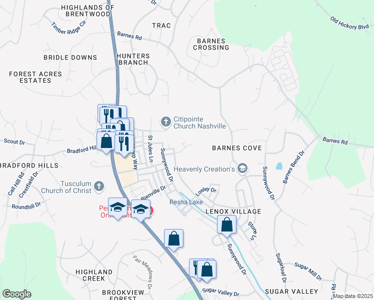 map of restaurants, bars, coffee shops, grocery stores, and more near 8344 Saint Danasus Drive in Nashville