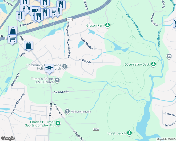 map of restaurants, bars, coffee shops, grocery stores, and more near 3310 Cherrybrook Drive in Jamestown