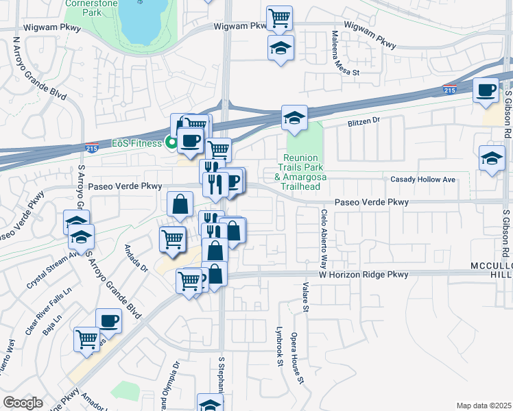 map of restaurants, bars, coffee shops, grocery stores, and more near 1332 Cedar Berry Court in Henderson