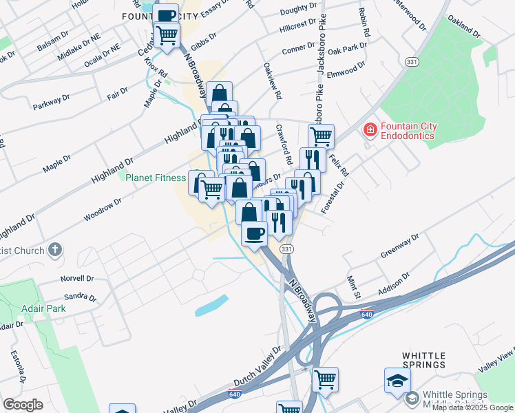 map of restaurants, bars, coffee shops, grocery stores, and more near 129 Adair Drive in Knoxville
