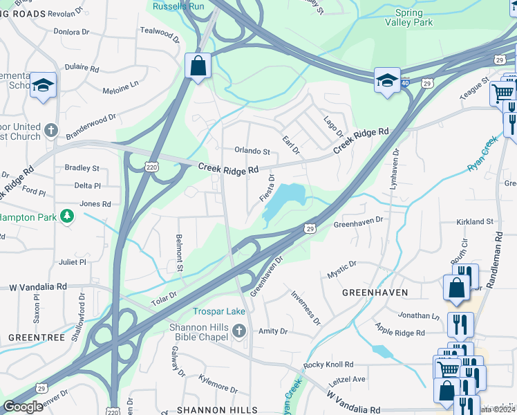 map of restaurants, bars, coffee shops, grocery stores, and more near 3525 Fiesta Drive in Greensboro