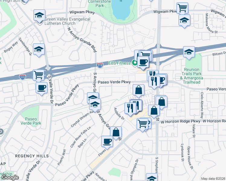 map of restaurants, bars, coffee shops, grocery stores, and more near 1555 Livingston Drive in Henderson