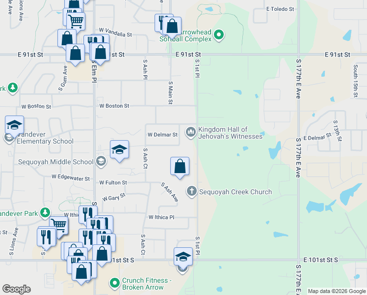 map of restaurants, bars, coffee shops, grocery stores, and more near 2317 South 1st Street in Broken Arrow