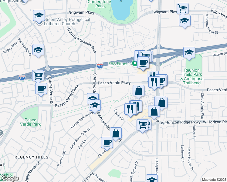 map of restaurants, bars, coffee shops, grocery stores, and more near 1562 Harwood Avenue in Henderson
