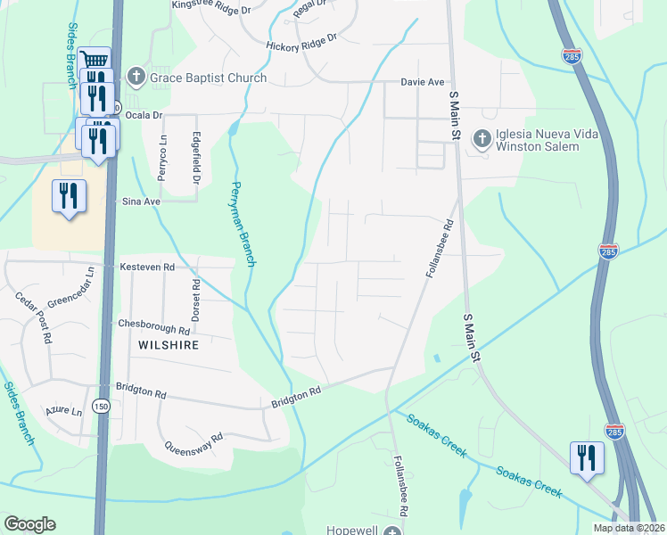map of restaurants, bars, coffee shops, grocery stores, and more near 424 Inlet Place Drive in Winston-Salem