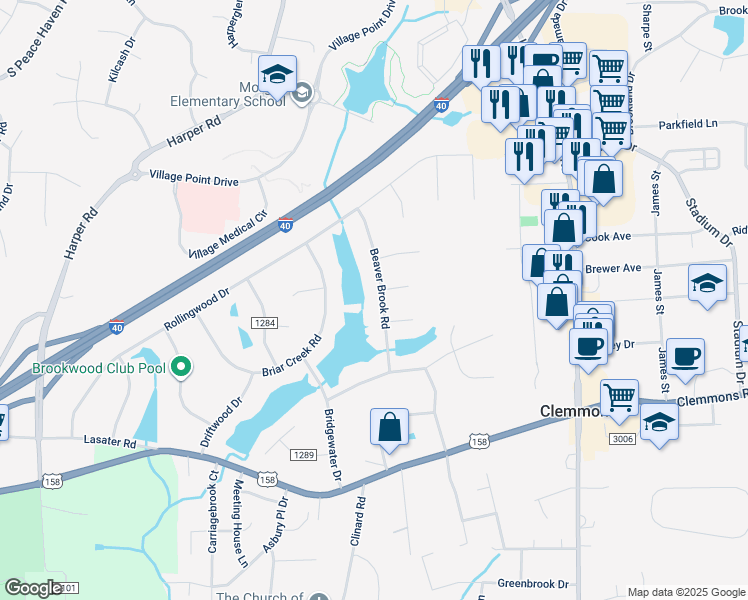 map of restaurants, bars, coffee shops, grocery stores, and more near 4056 Beaver Brook Road in Clemmons