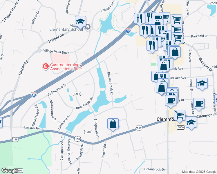map of restaurants, bars, coffee shops, grocery stores, and more near 4056 Beaver Brook Road in Clemmons