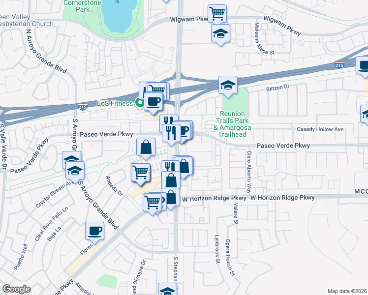 map of restaurants, bars, coffee shops, grocery stores, and more near 150 South Stephanie Street in Henderson