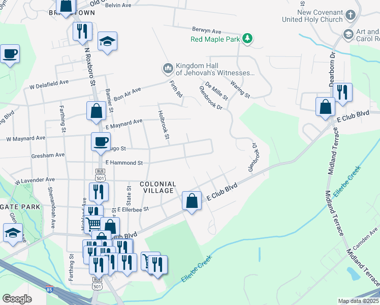 map of restaurants, bars, coffee shops, grocery stores, and more near 703 East Hammond Street in Durham