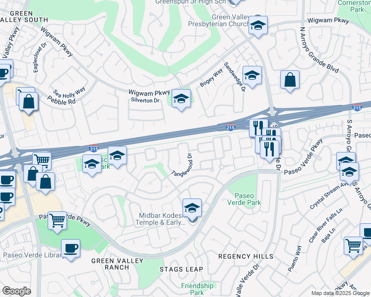 map of restaurants, bars, coffee shops, grocery stores, and more near 66 Tanglewood Drive in Henderson