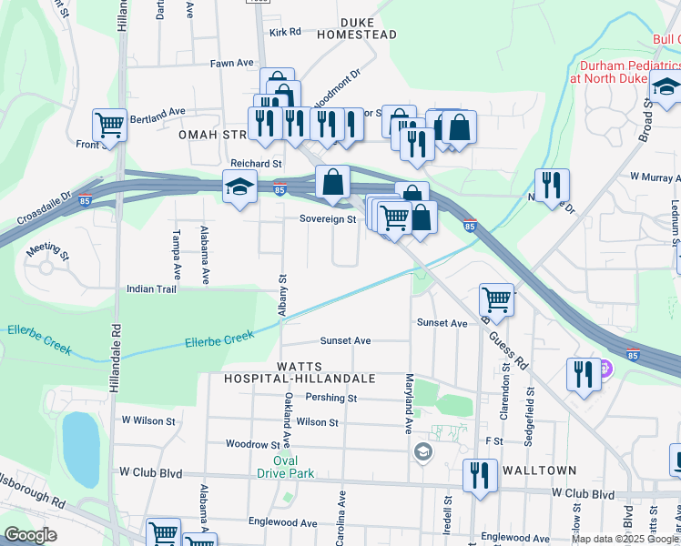 map of restaurants, bars, coffee shops, grocery stores, and more near 2009 Walnut Street in Durham
